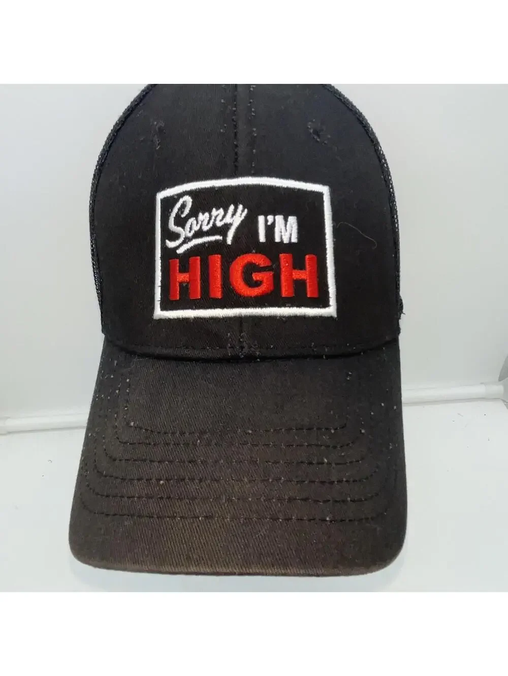 Sorry I’M HIGH Black Trucker Hat Cap Black Mesh SnapBack